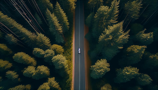 Camino para un coche entre el bosque vista superior