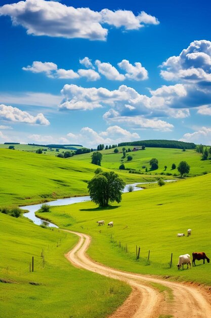 un camino conduce a un campo con caballos y un río