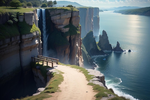 Un camino conduce a una cascada en la costa de las montañas.