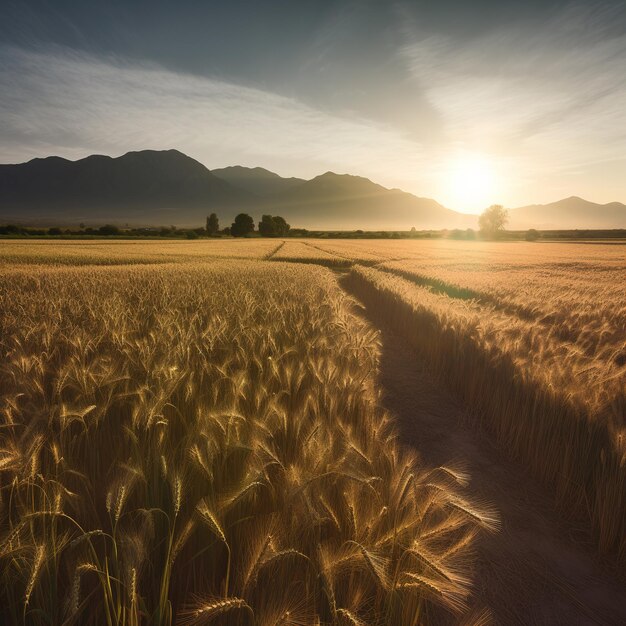 Un camino conduce a través de un campo de trigo con la puesta de sol detrás de él.