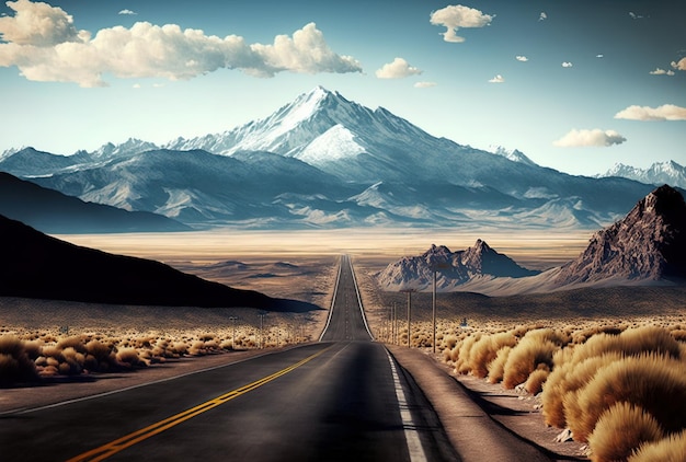 Camino continuo en un pintoresco con cordilleras lejanas