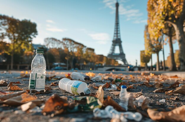 Foto camino cubierto de basura cerca de la torre eiffel