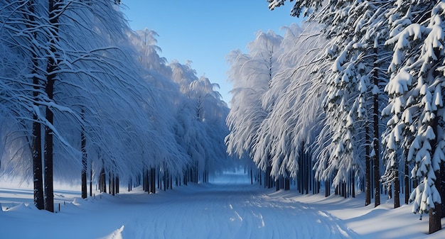 Un camino cubierto de nieve con árboles cubiertos de nieve