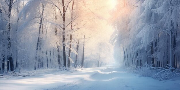 un camino cubierto de nieve en un bosque nevado