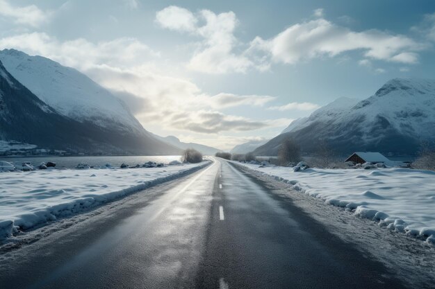 un camino cubierto de nieve con montañas en el fondo