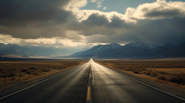 Foto camino en el desierto con cielo espectacular y nubes ia generativa