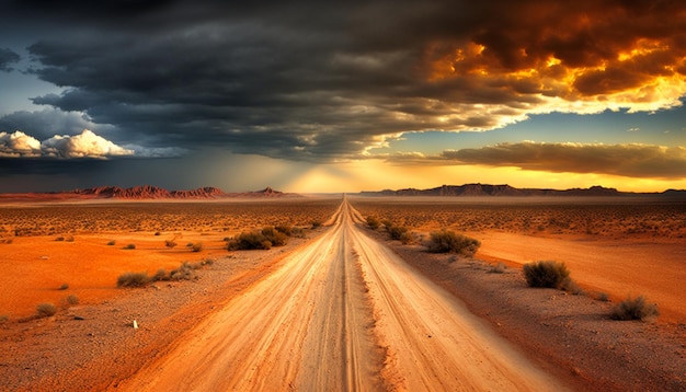 Un camino del desierto con un cielo nublado y un cielo oscuro