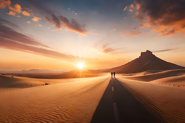 Un camino en el desierto con una puesta de sol de fondo