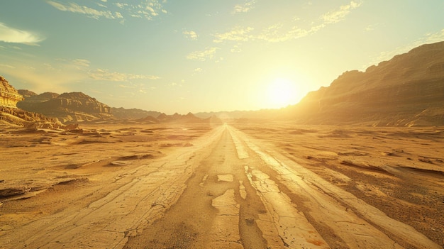 Foto un camino en el desierto con una puesta de sol en el fondo