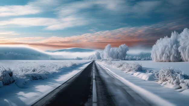 Foto camino en un día de invierno nevado con un hermoso paisaje