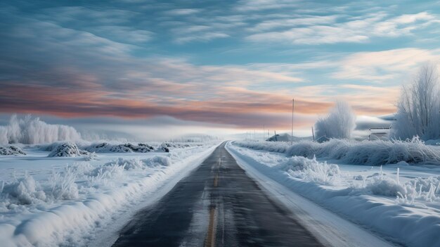 Foto camino en un día de invierno nevado con un hermoso paisaje