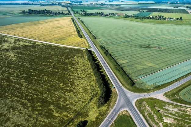 El camino en la distancia a través de la vista superior de los campos verdes