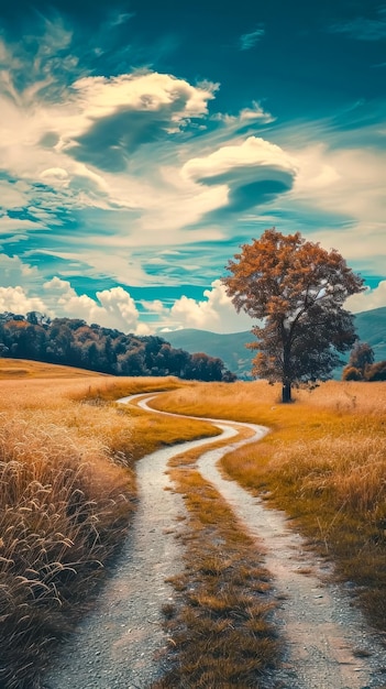 Un camino dividido a través de campos dorados bajo un dramático cielo azul con nubes dispersas centradas en una sola