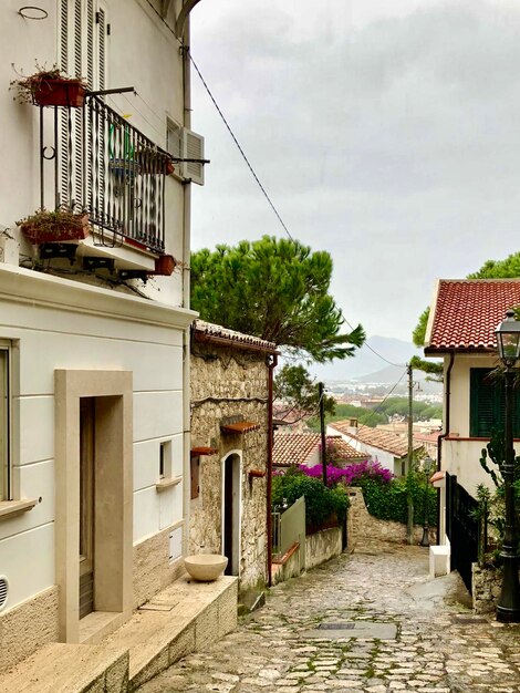 Camino entre edificios contra el cielo