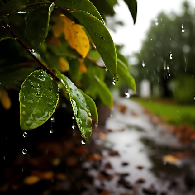 un camino empapado de lluvia con hojas y una gota de lluvia en el suelo