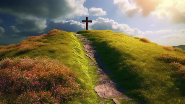 Foto camino con escaleras que conducen a la cruz cristiana en la colina feliz pascua símbolo cristiano de la fe