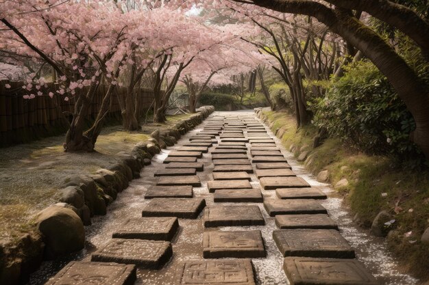 Camino con escalones y flores de cerezo en flor