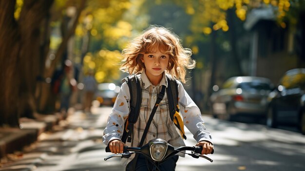 De camino a la escuela una colegiala está cruzando la carretera con un scooter