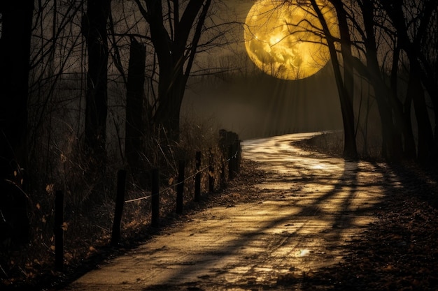 Camino espeluznante en la noche de luna llena