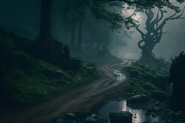 Camino espeluznante a través de un bosque sombrío y aterrador Viejos árboles curvos a lo largo de un camino de tierra Bosque mágico de fantasía Niebla húmeda