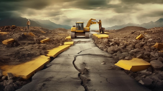 Un camino con una excavadora y un cielo nublado en el fondo.