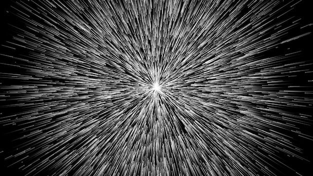 Camino sin fin hacia un futuro brillante Luz al final del túnel Esencia divina Vuelo a través de galaxias viajes espaciales Fondo fantástico abstracto Monocromo sobre fondo negro Representación 3D