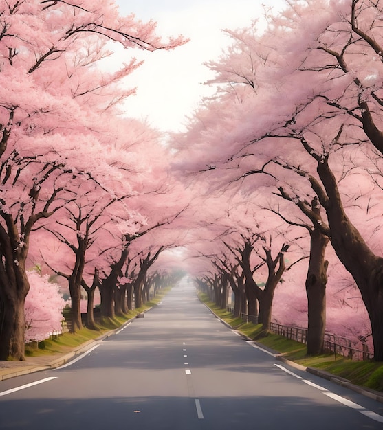 Un camino y una flor de cerezo