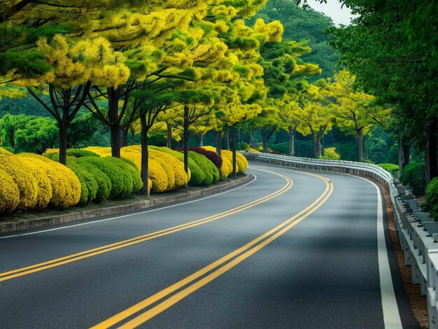 Foto un camino con flores amarillas y árboles en él