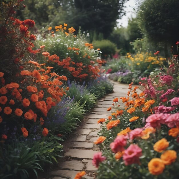 un camino con flores y un camino a través de él