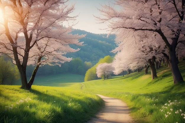un camino con flores de cerezo en él y un camino en el fondo