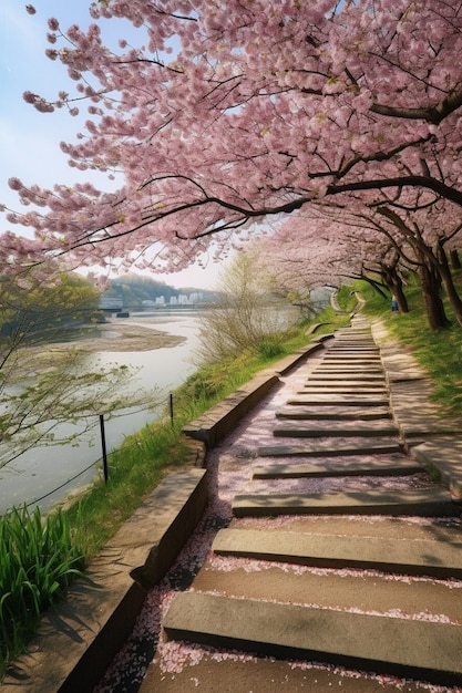 Un camino con flores de cerezo en él