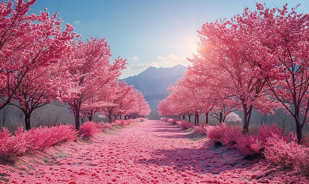 un camino con flores rosas y una montaña en el fondo