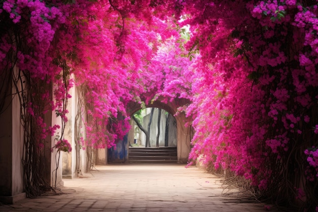 Foto un camino con flores rosas