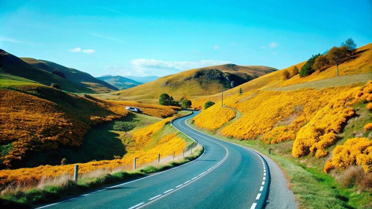 un camino con flores silvestres amarillas en él y un cielo azul con nubes en el fondo