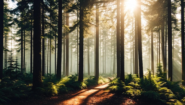 Un camino forestal con árboles y sol brillando a través de los árboles.