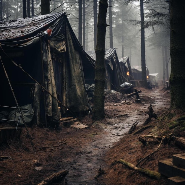 un camino forestal con carpas y una carpa al fondo.