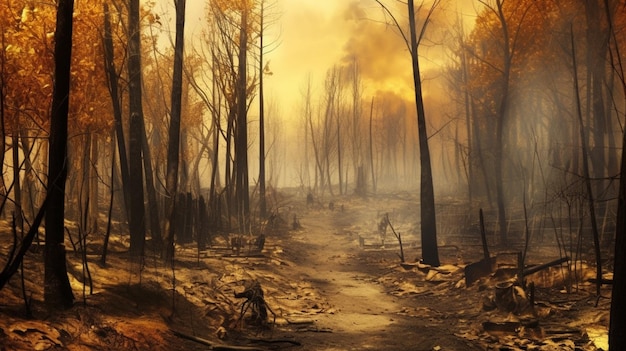 un camino forestal con un cielo amarillo y árboles al fondo