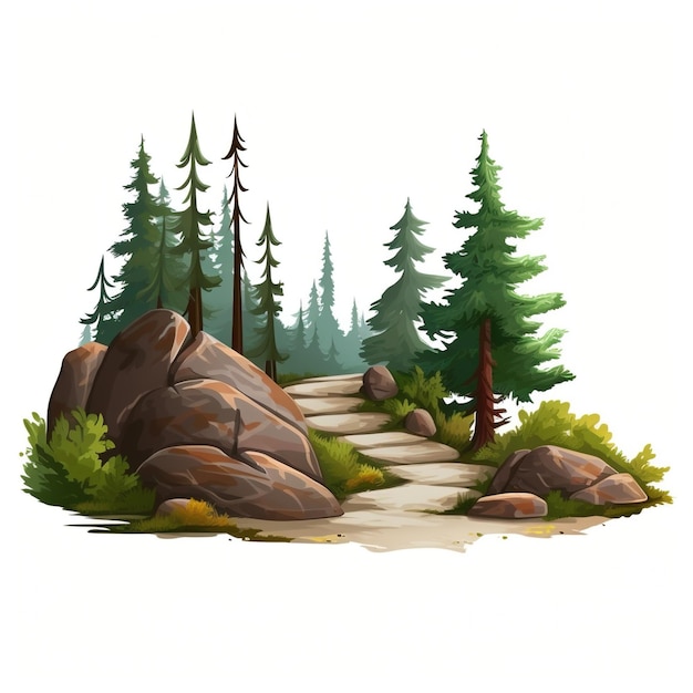 Camino forestal de fantasía con grandes rocas y pinos