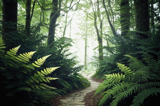 Un camino forestal con helechos en primer plano