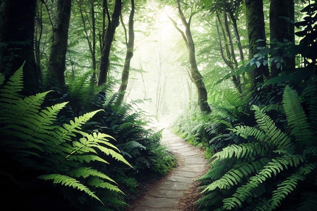 Un camino forestal con helechos en primer plano