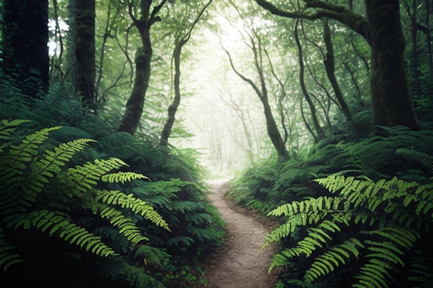 Un camino forestal con helechos en primer plano