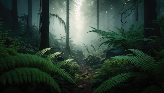 Un camino forestal con una luz brillando sobre él