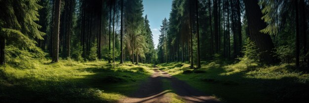 Camino forestal en madera densa de coníferas Los rayos del sol penetran a través del follaje y crean sombras en el suelo