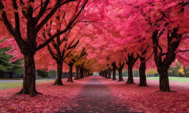 Camino forestal de otoño con hojas rojas IA generativa