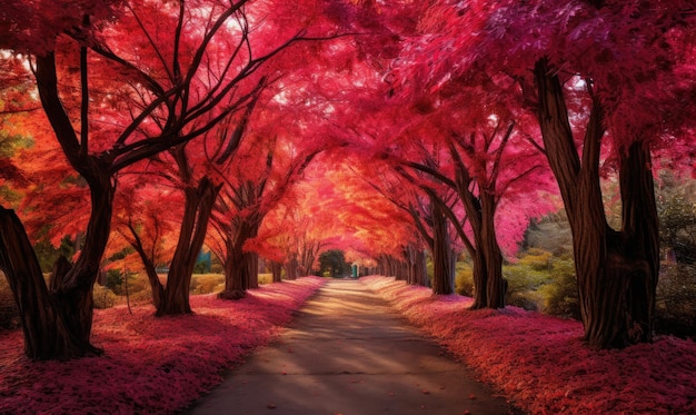 Camino forestal de otoño con hojas rojas IA generativa