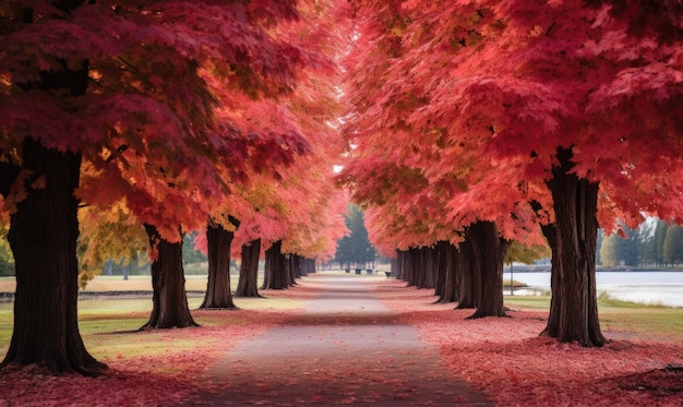 Camino forestal de otoño con hojas rojas IA generativa