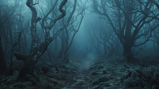 Foto camino forestal presagio bajo la niebla pesada diseño de motivos de pesadilla para carteles y temas de halloween