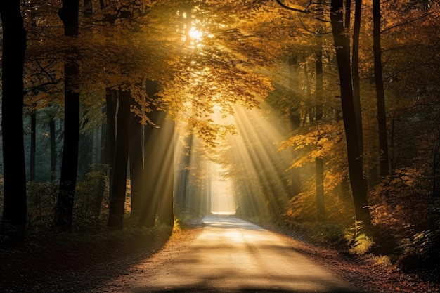 Foto camino forestal y los rayos del sol brillan a través de las hojas otoñales de los árboles