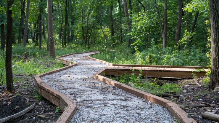 Camino forestal sinuoso con un paseo marítimo de madera que hace hincapié en la conservación del medio ambiente y la integridad