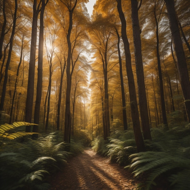Un camino forestal con un sol brillando a través de los árboles.